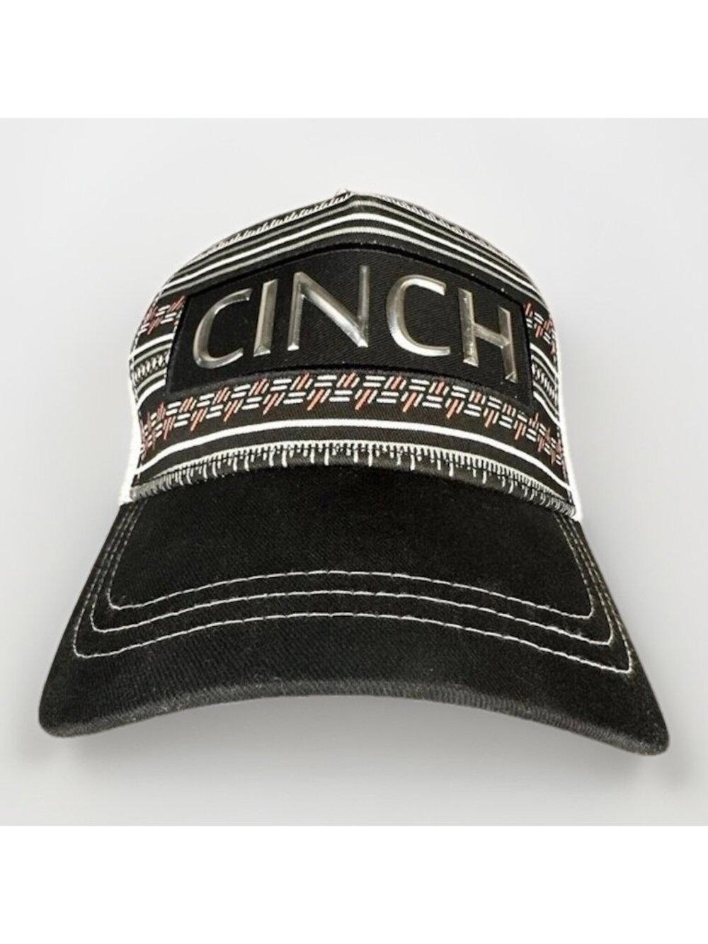 Cinch Western Trucker Hat Snapback Mesh Aztec Black White Metallic Logo Cap